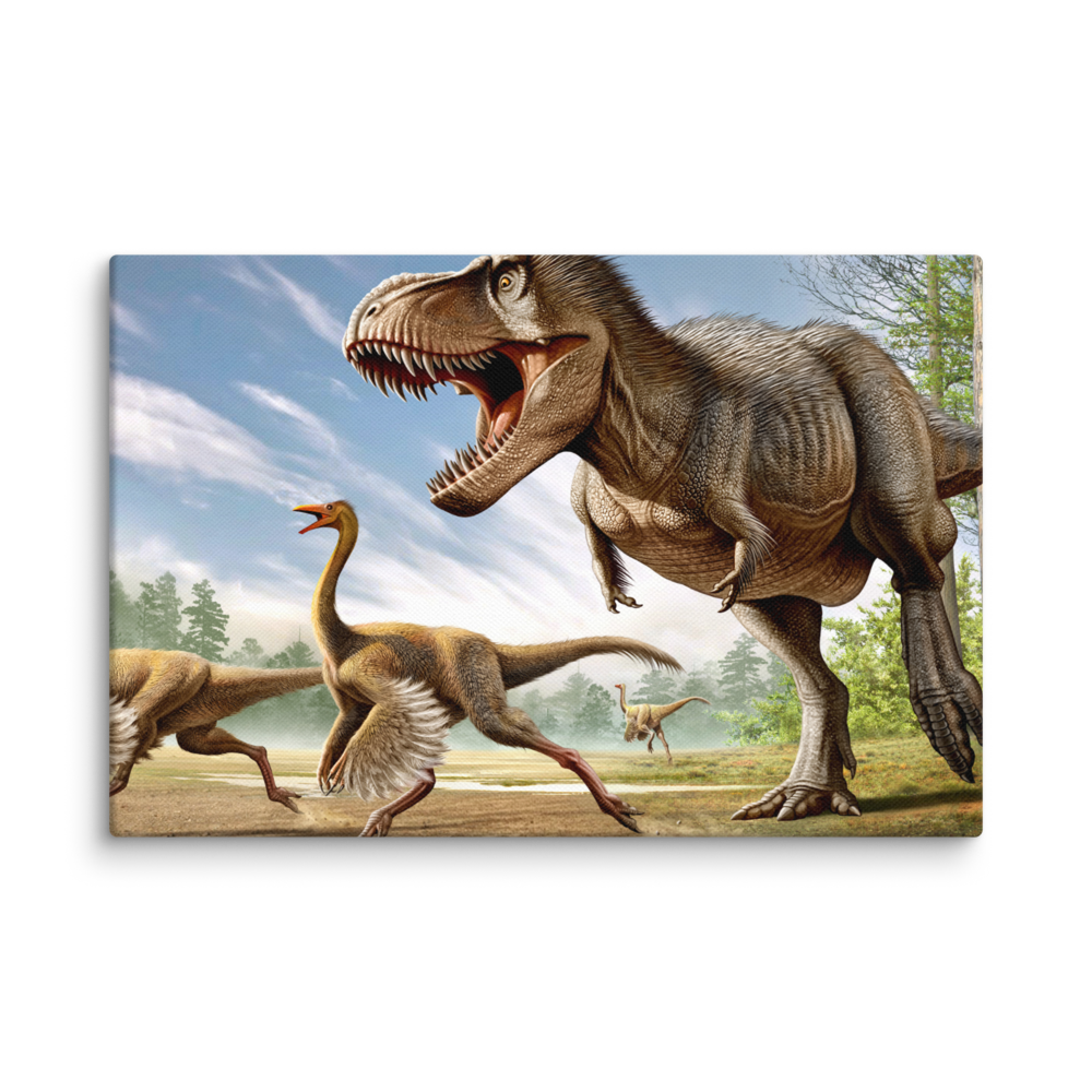 Tyrannosaurus Attacking Two Ornithomimus — Canvas 12×18