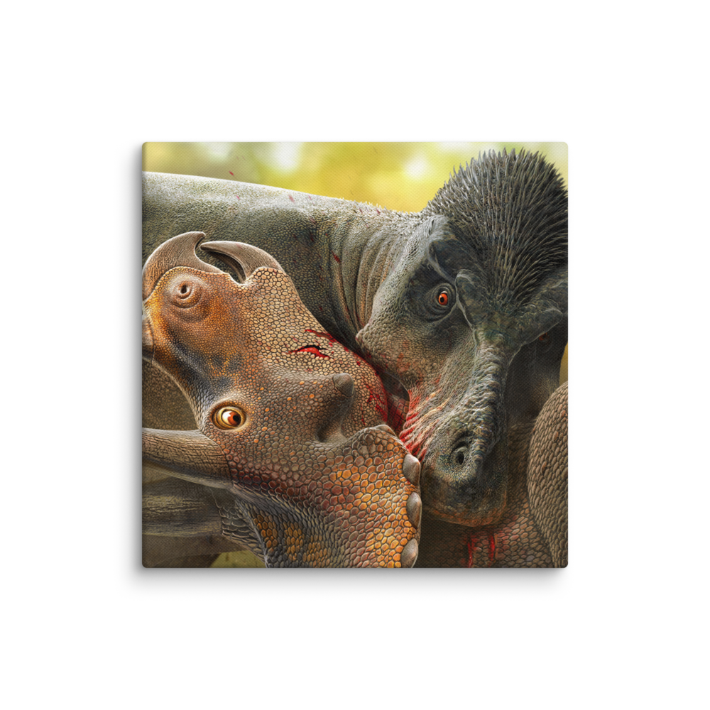 Tyrannosaurus Biting Triceratops — Canvas 14×14