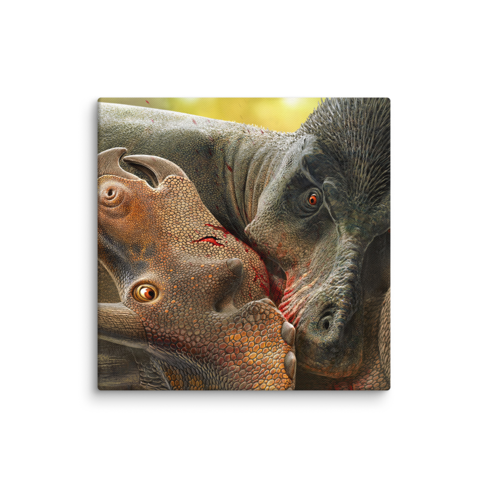 Tyrannosaurus Biting Triceratops — Canvas 16×16