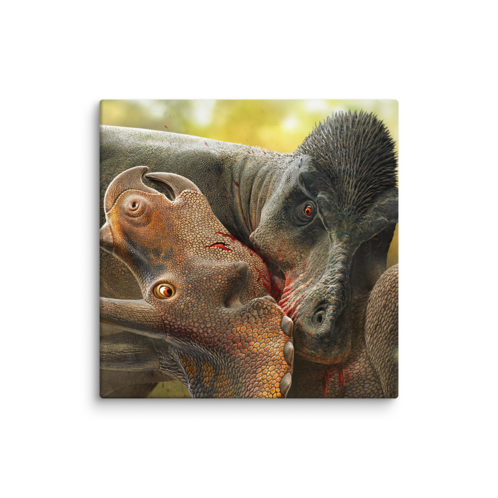 Tyrannosaurus Biting Triceratops — Canvas 18×18